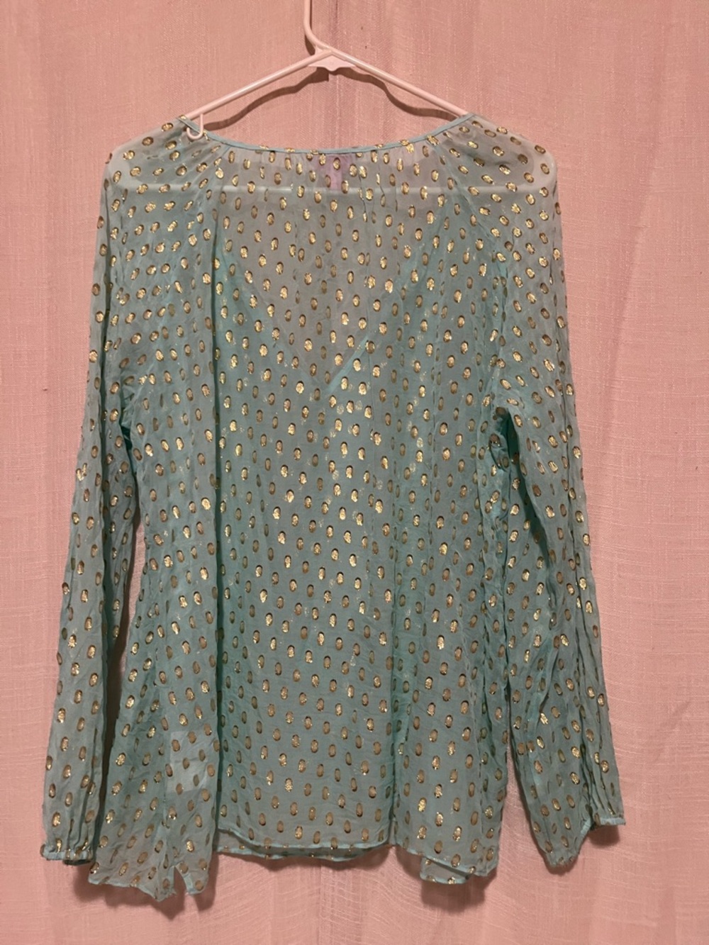 Lilly Pulitzer Silk Metallic Polka Dot Tassel Top Sheer Boho Blouse L - Picture 7 of 10